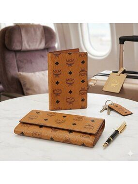 Vintage MCM Cognac Visetos Leather Bifold Wallet & Passport / Cardholder